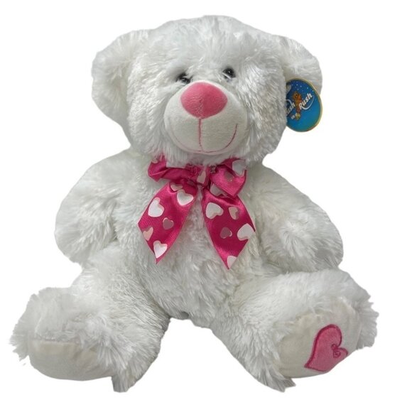 KELLYTOY 14" Plush Bear White Pink Heart Ribbon Cuddly Stuffed Animal Toy‎ NEW - Picture 1 of 15